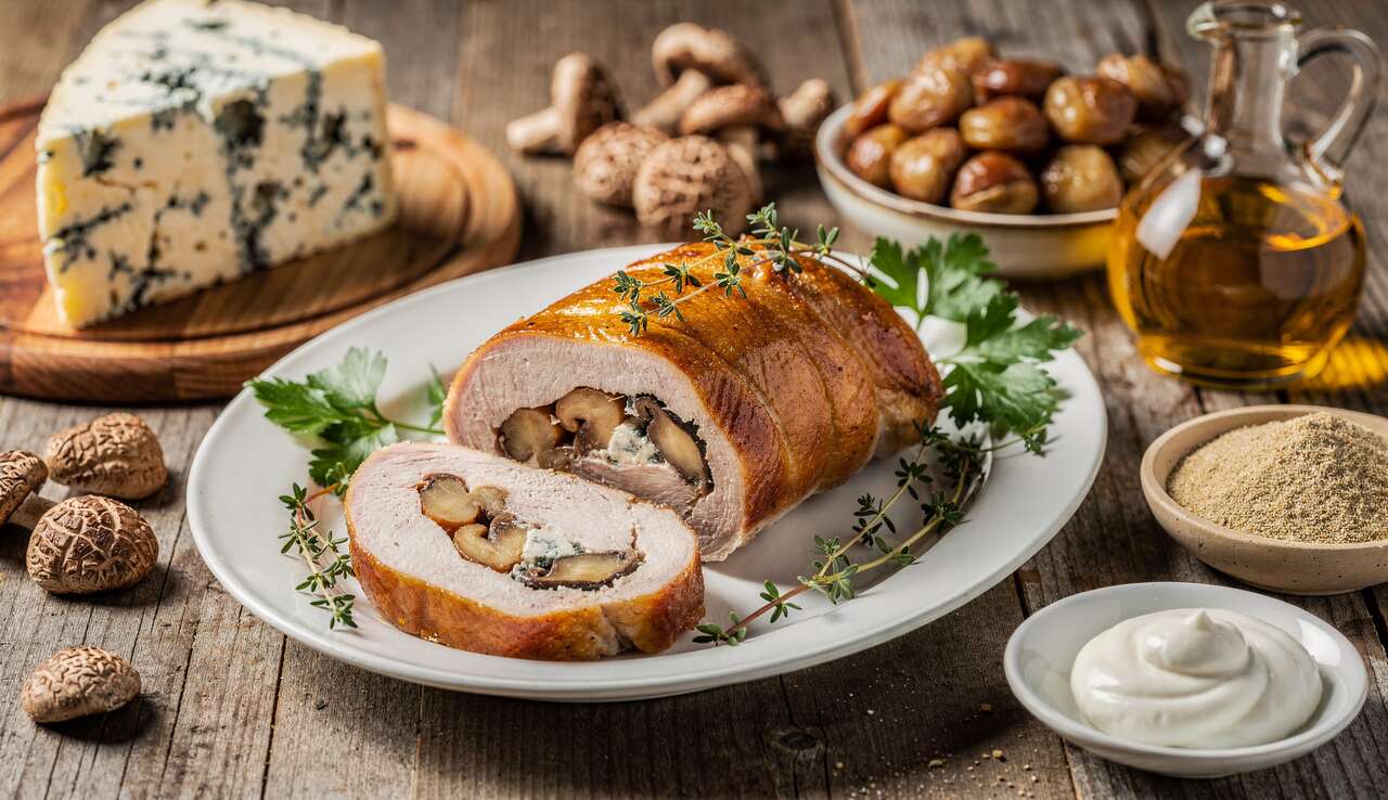 Ballotine de pintade au bleu, champignons et marrons : recette savoureuse