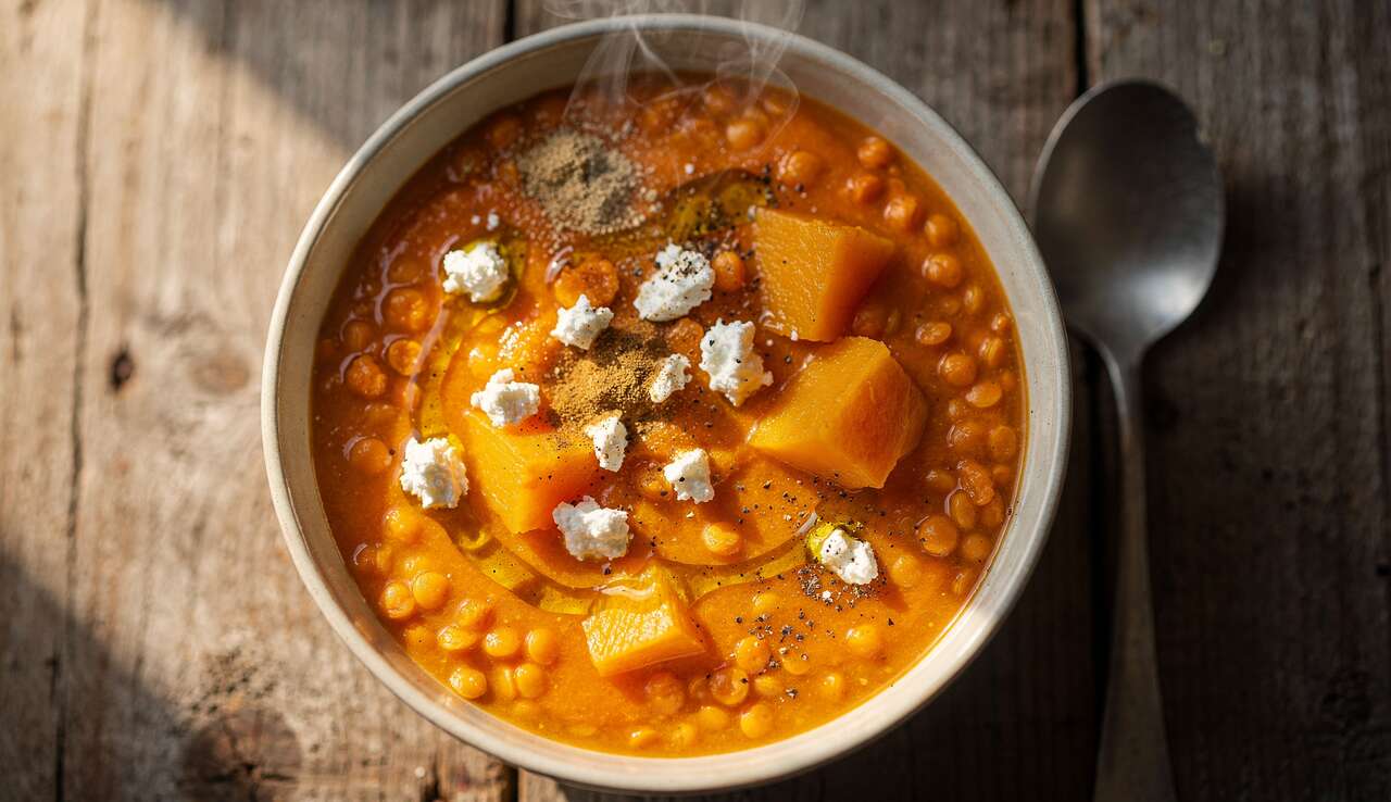 Soupe de lentilles corail, courge et fromage de chèvre