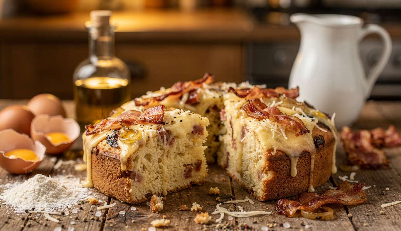 Cake au fromage à raclette, oignons grillés et bacon : recette gourmande