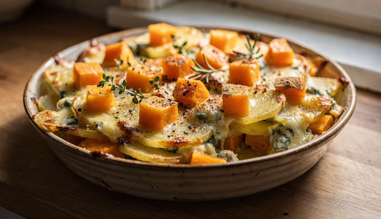 Gratin de potiron et pommes de terre au bleu : recette savoureuse