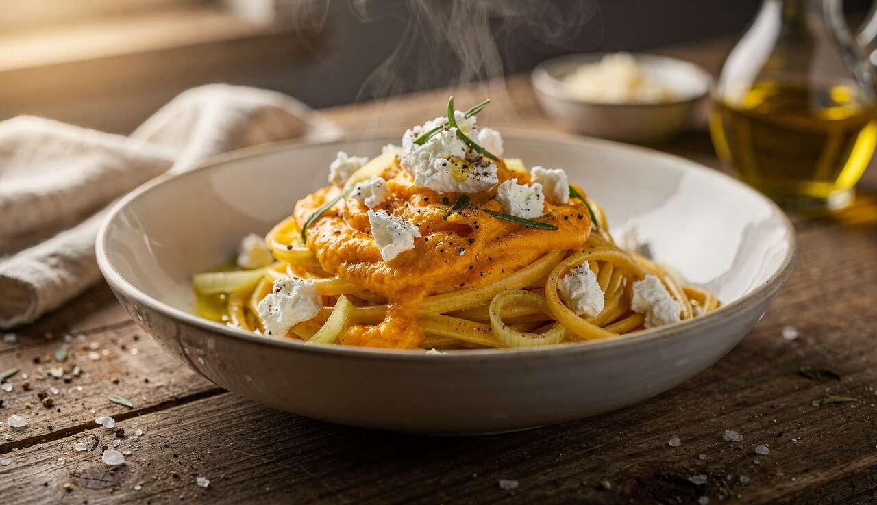 Pâtes aux poireaux, sauce butternut et fromage frais : recette gourmande