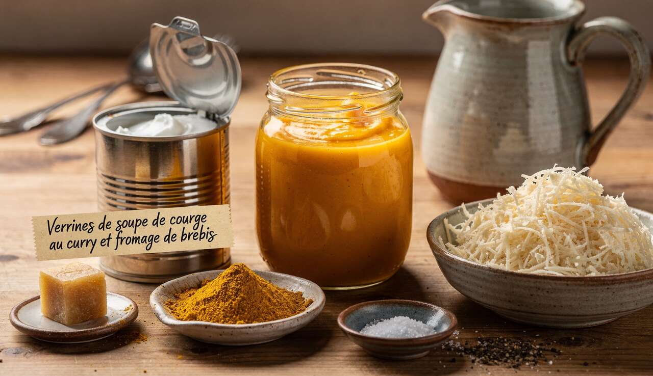 Verrines de soupe de courge au curry et fromage de brebis