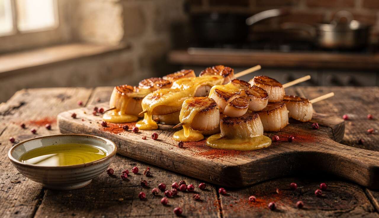 Brochettes de Saint-Jacques au fromage à raclette : recette gourmande