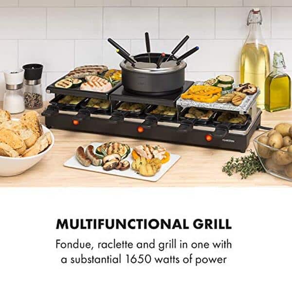 Découvrez le Klarstein Fonduelette XL : un gril 3 en 1 pour raclette et fondue, avec une puissance de 1650W pour des repas conviviaux réussis
