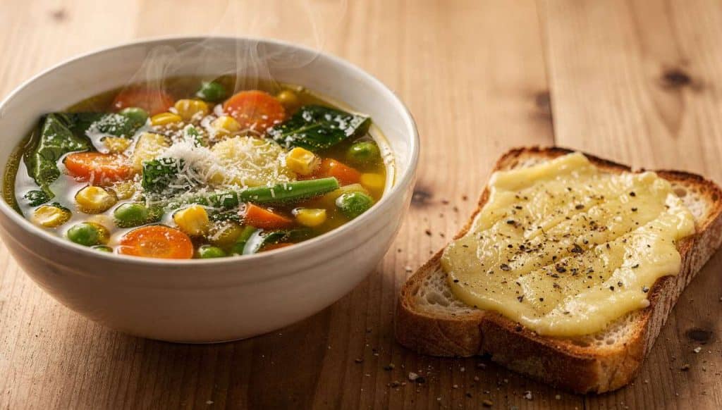 Soupe de légumes de printemps et tartine au fromage : recette gourmande
