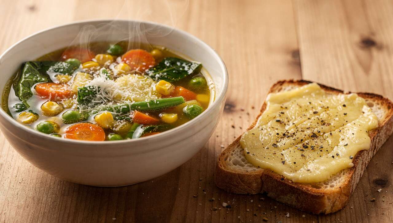 Soupe de légumes de printemps et tartine au fromage : recette gourmande