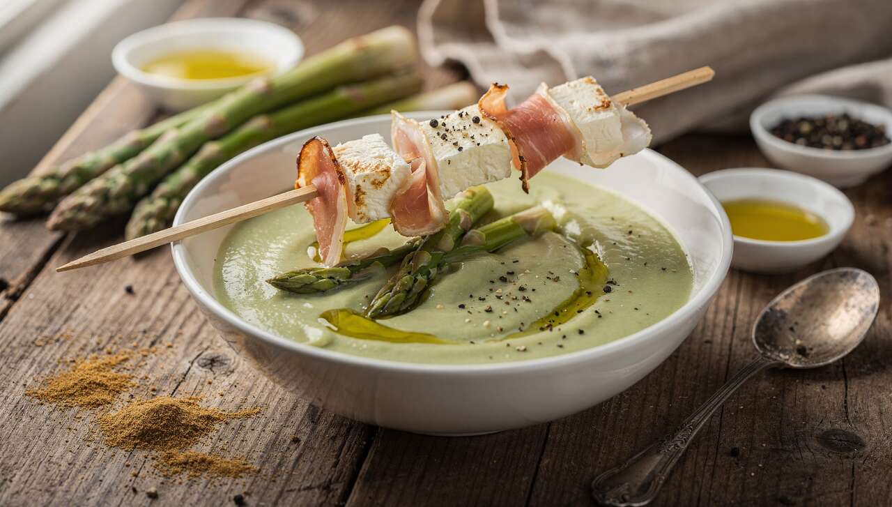 Velouté d'asperges et brochette italienne au fromage frais