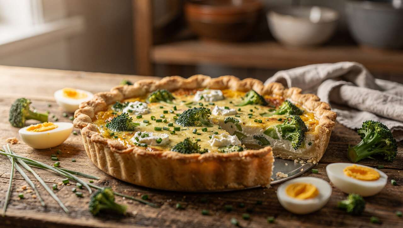 Recette de quiche au chèvre frais, brocolis et ciboulette