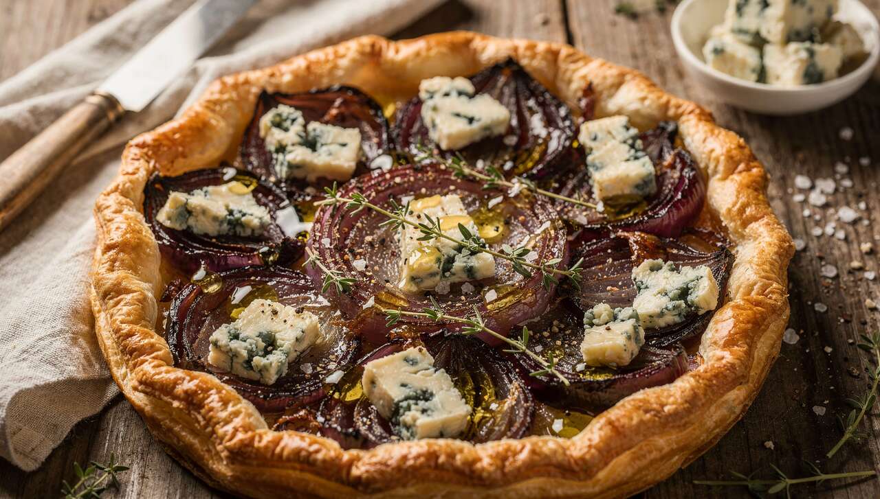 Tarte aux oignons rouges et fromage bleu : recette savoureuse