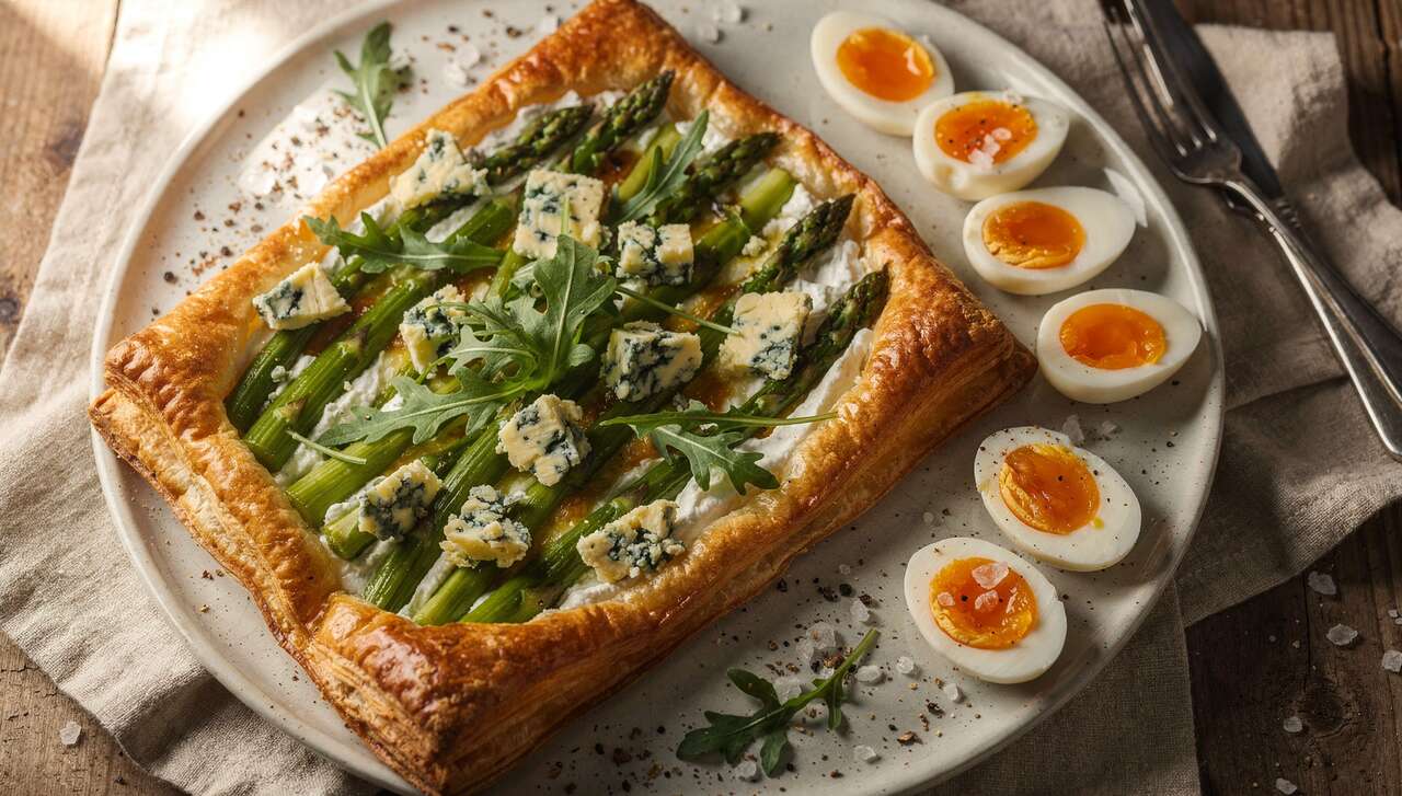 Tarte asperges vertes, roquette et bleu : recette savoureuse