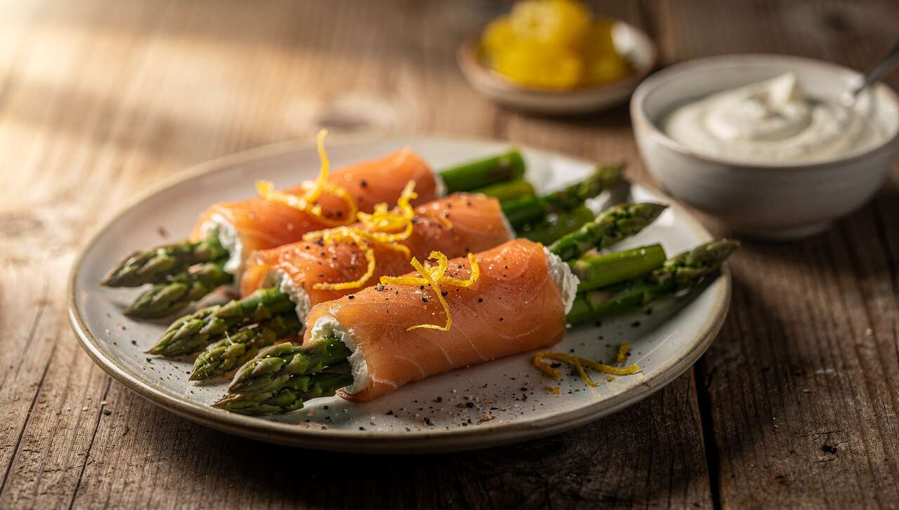 Roulés de truite fumée aux asperges et fromage frais : recette gourmande