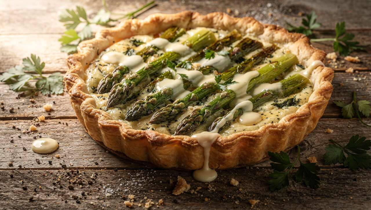 Tarte crémeuse asperges et fromage ail et fines herbes : recette savoureuse