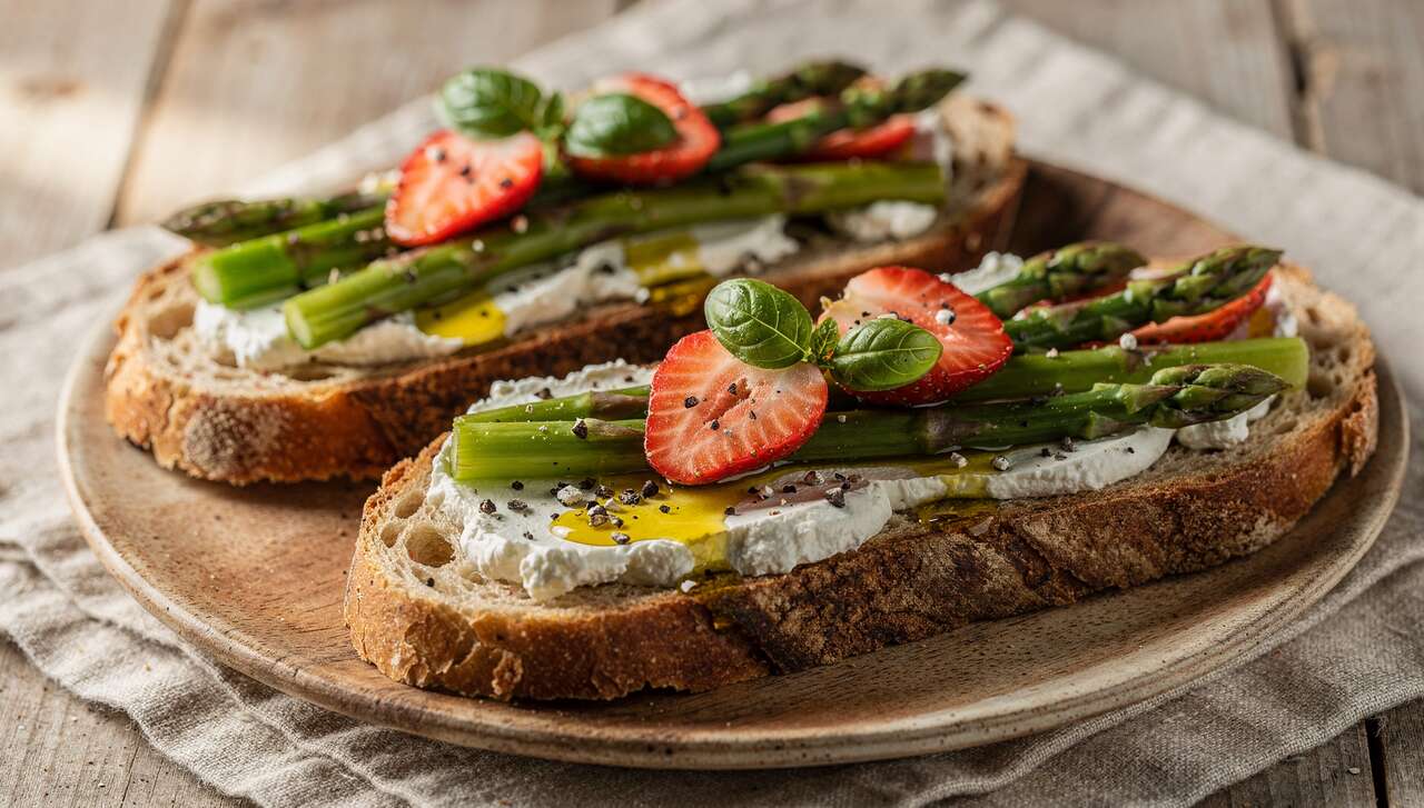 Tartine au fromage frais : asperge verte et fraise