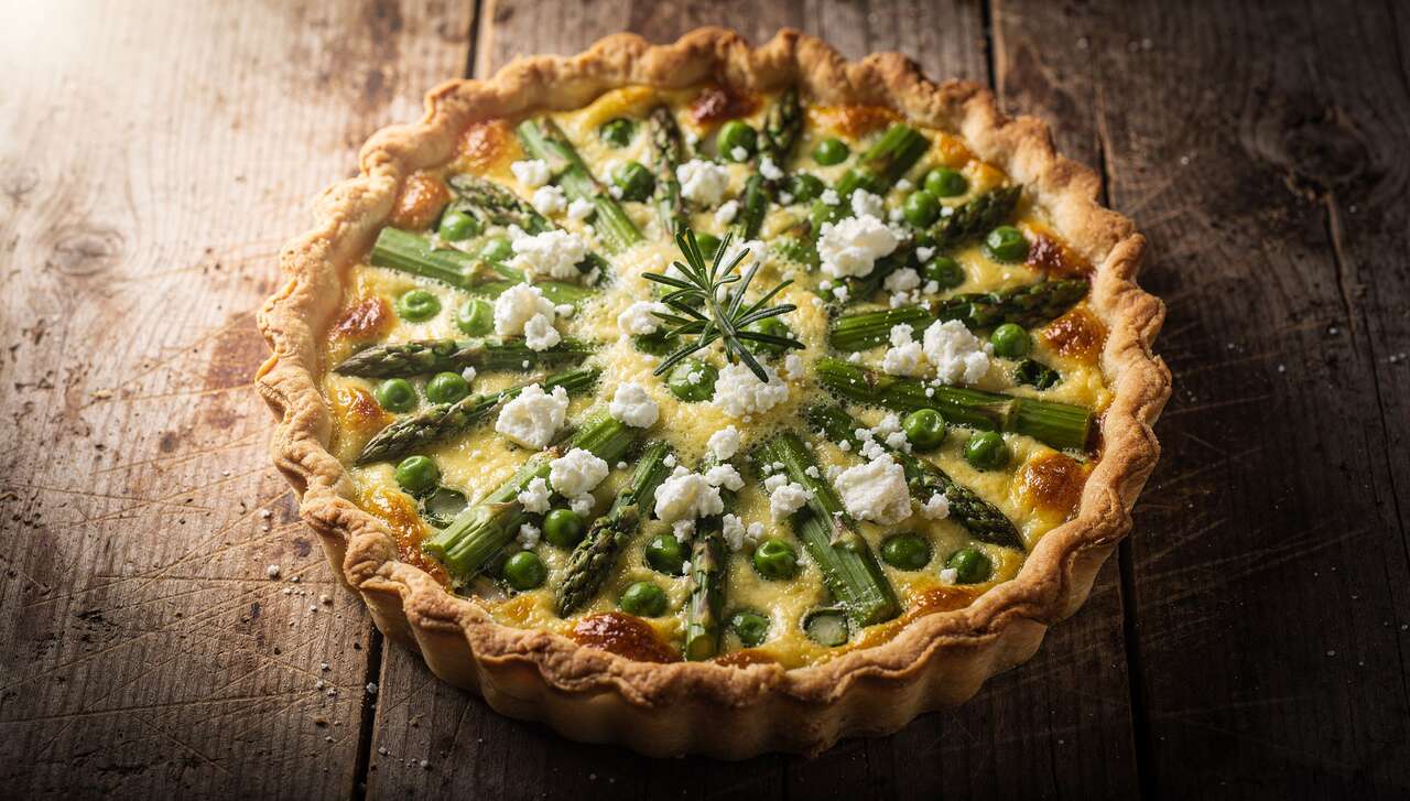 Quiche aux asperges, petits pois et fromage de brebis - recette savoureuse