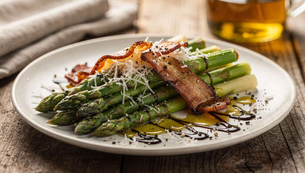 Salade d'asperges, lard grillé et fromage : recette savoureuse