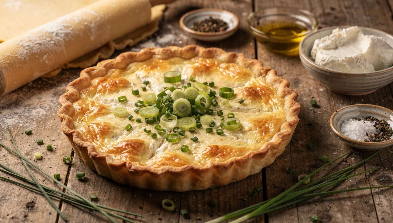 Tarte au chèvre frais, oignon nouveau et ciboulette : recette facile