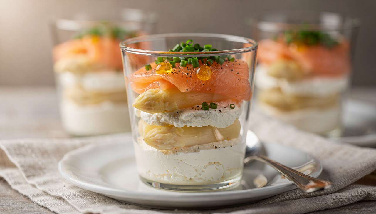 Verrines de fromage frais, asperges blanches & saumon fumé : recette gourmande