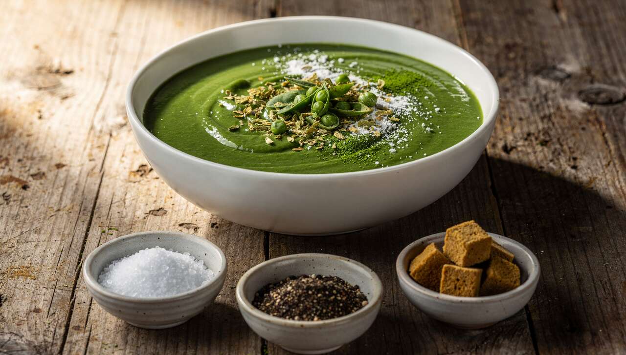 Velouté d'épinards et cosses de petits pois au fromage frais : recette savoureuse
