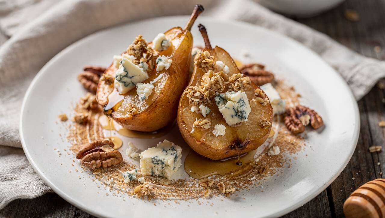 Poire rôtie au miel, fromage bleu et granola : recette gourmande