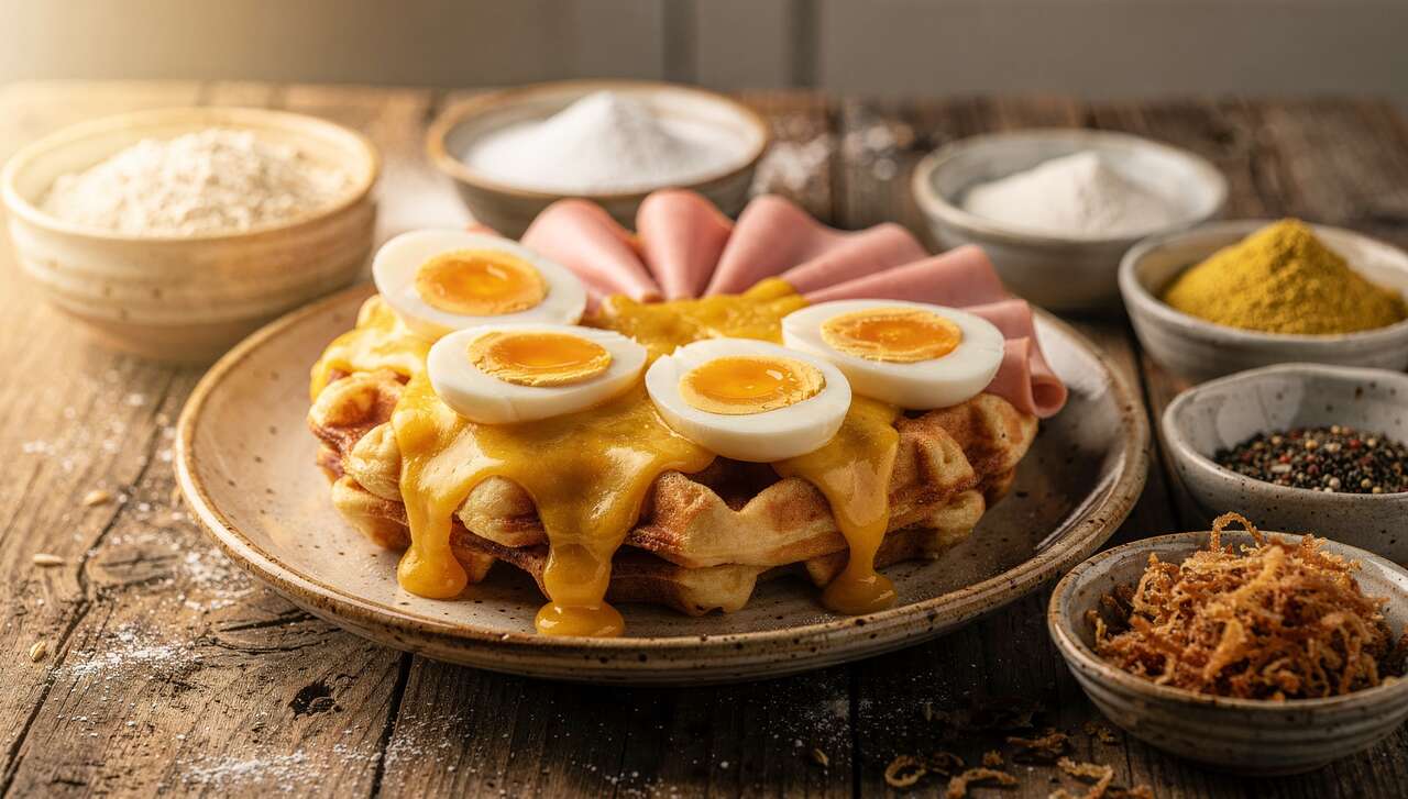 Gaufre salée au fromage, jambon et œuf : recette gourmande