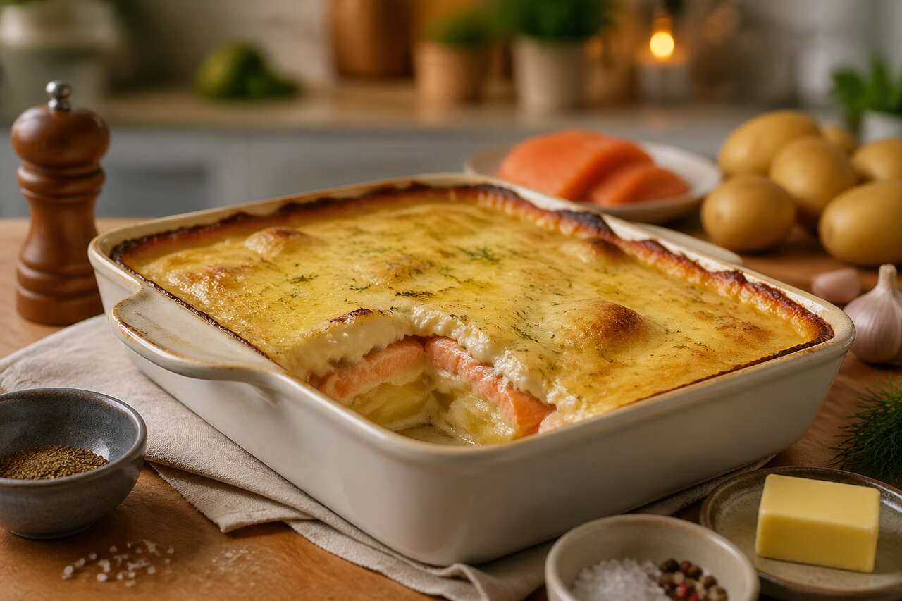 Pommes de terre gratinées au saumon et fromage : recette savoureuse