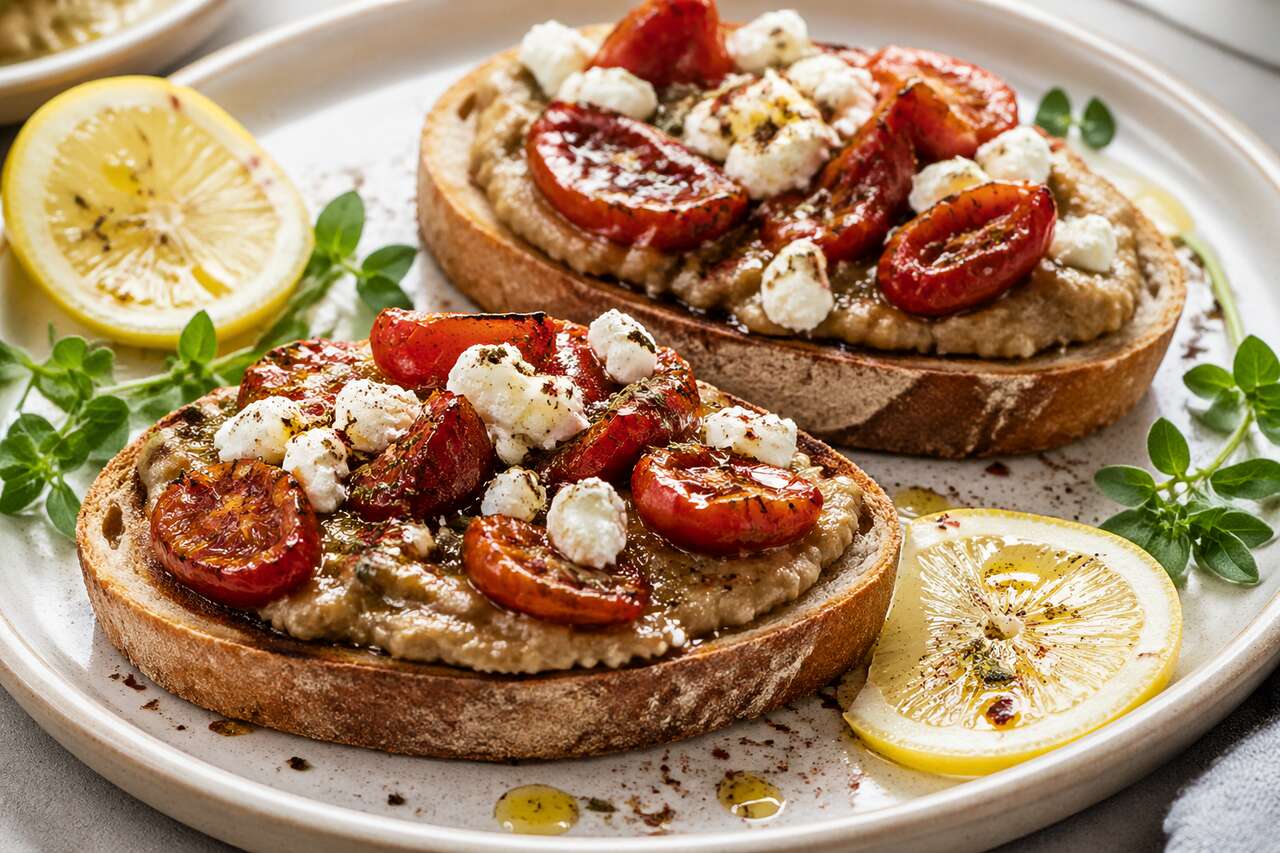 Tartine au caviar d'aubergine, tomates confites et fromage : recette gourmande