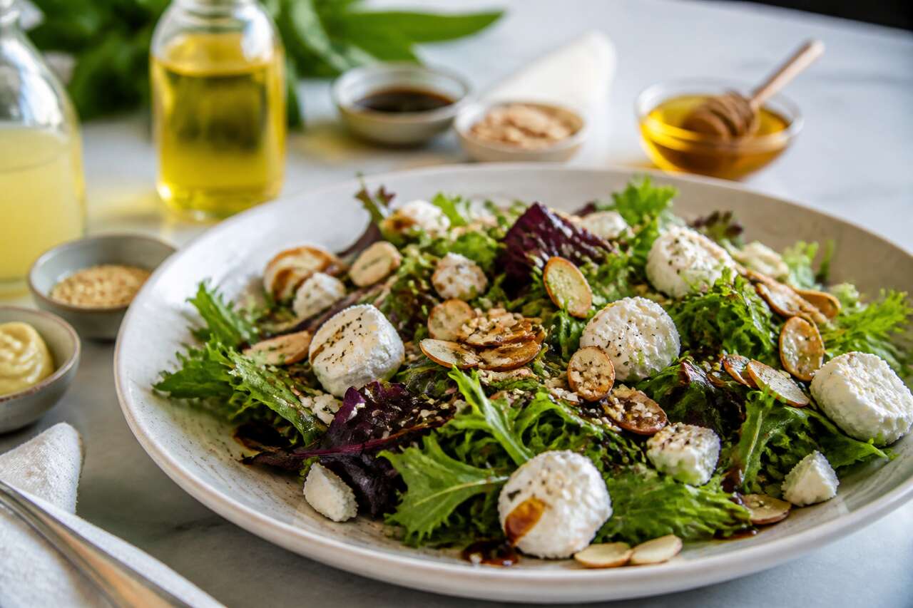 Salade de mesclun au fromage et vinaigrette au yuzu
