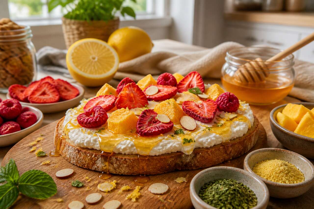 Recette de tartine aux fruits, fromage frais et menthe