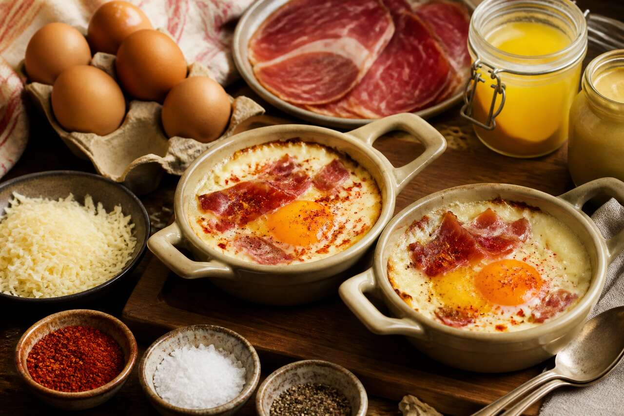 Oeufs cocotte au fromage de brebis, jambon de Bayonne et piment d'Espelette : recette savoureuse