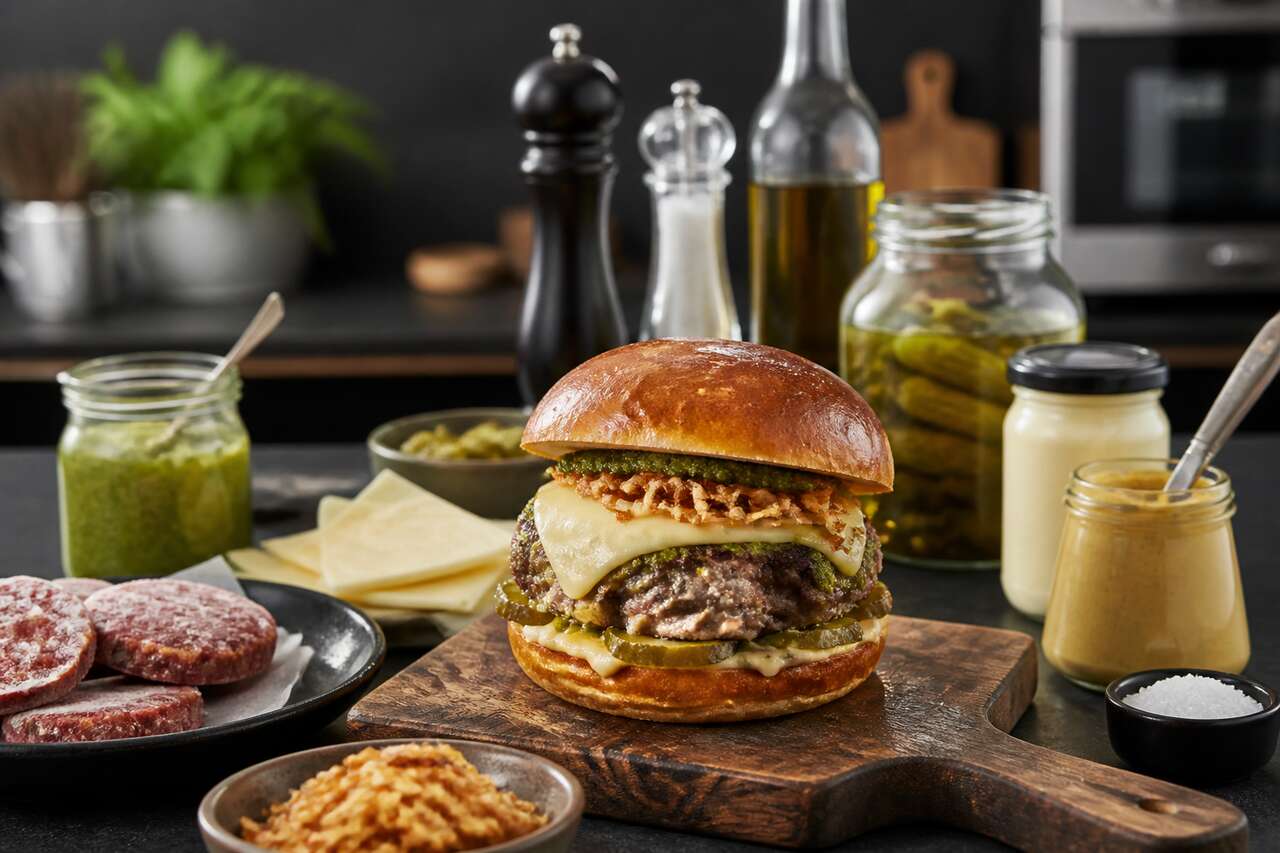Burger au boeuf, pesto et fromage à raclette : recette gourmande