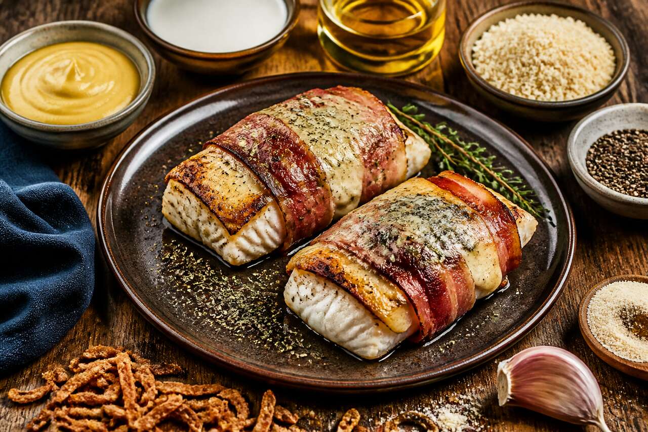 Cabillaud rôti au lard et au fromage bleu : recette savoureuse et rapide