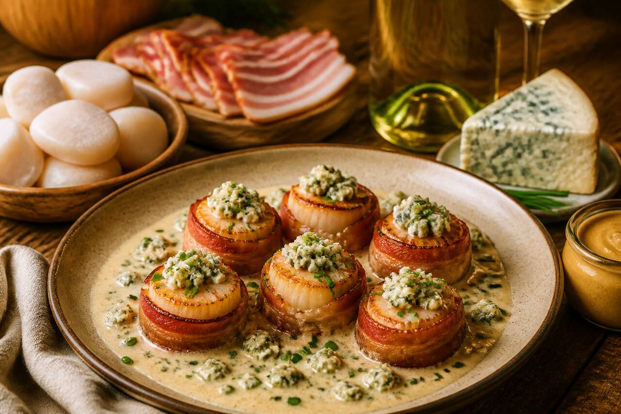 Coquilles Saint-Jacques au lard et fromage bleu : recette gourmande