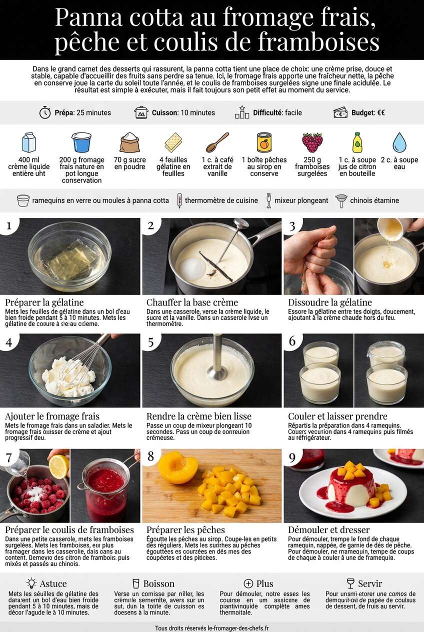 Fiche recette Panna cotta au fromage frais, p&ecirc;che et coulis de framboises
