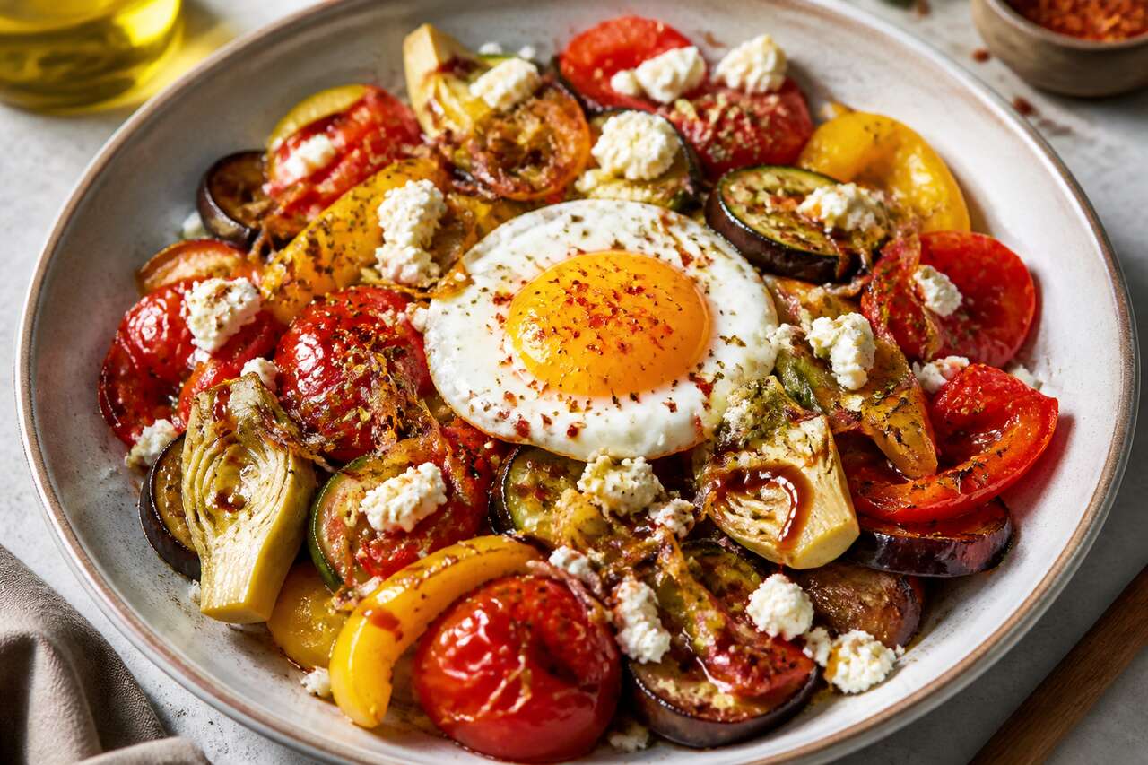 Poêlée de légumes d'été au fromage de brebis et œuf parfait
