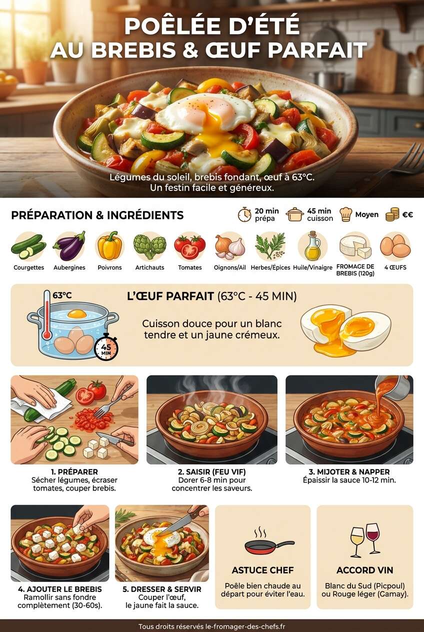 Fiche recette Po&ecirc;l&eacute;e de l&eacute;gumes d'&eacute;t&eacute; au fromage de brebis et &oelig;uf parfait