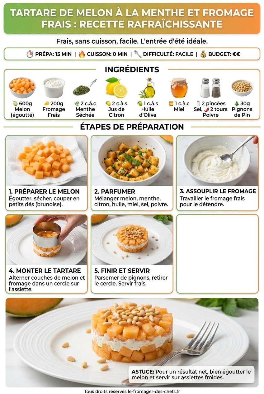 Fiche recette Tartare de melon &agrave; la menthe et fromage frais : recette rafra&icirc;chissante
