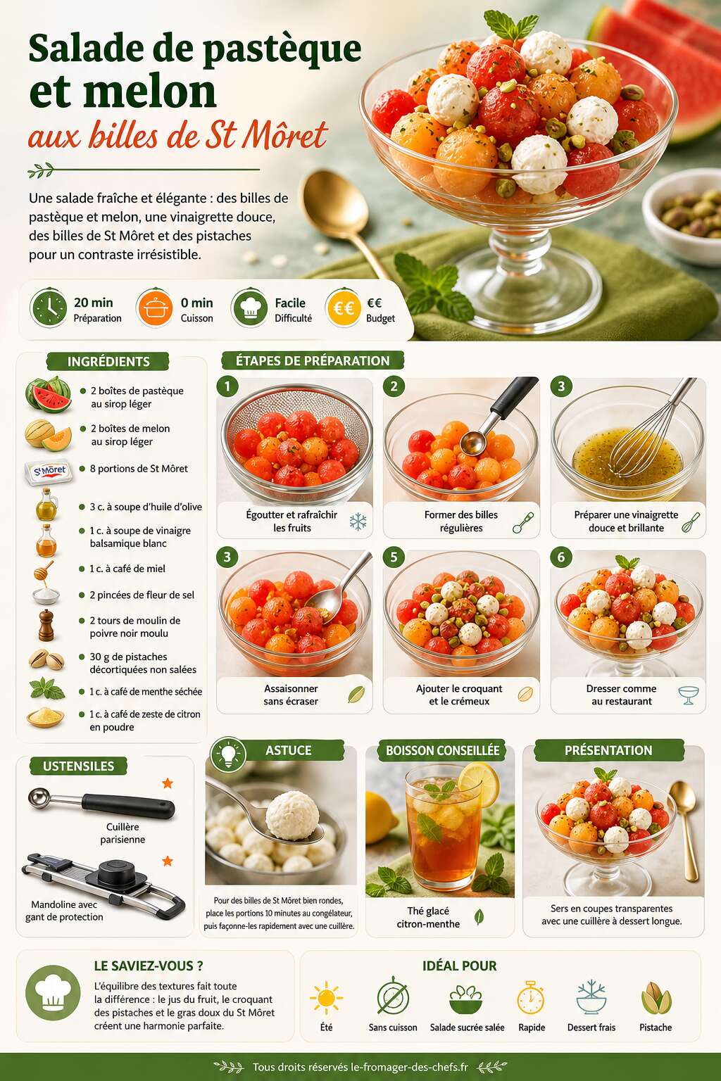 Fiche recette Salade de pastèque et melon aux billes de St Môret : recette fraîcheur d'été Fiche recette Salade de pastèque et melon aux billes de St Môret : recette fraîcheur d'été