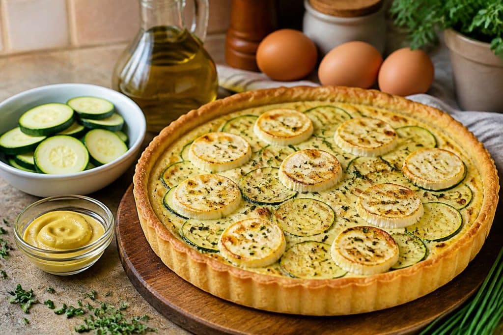 Tarte courgettes, fromages de chèvre et ciboulette : recette savoureuse