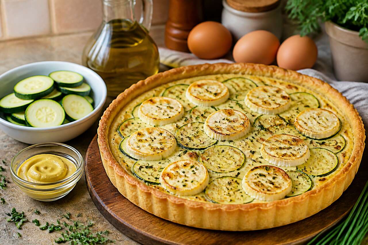 Tarte courgettes, fromages de chèvre et ciboulette : recette savoureuse