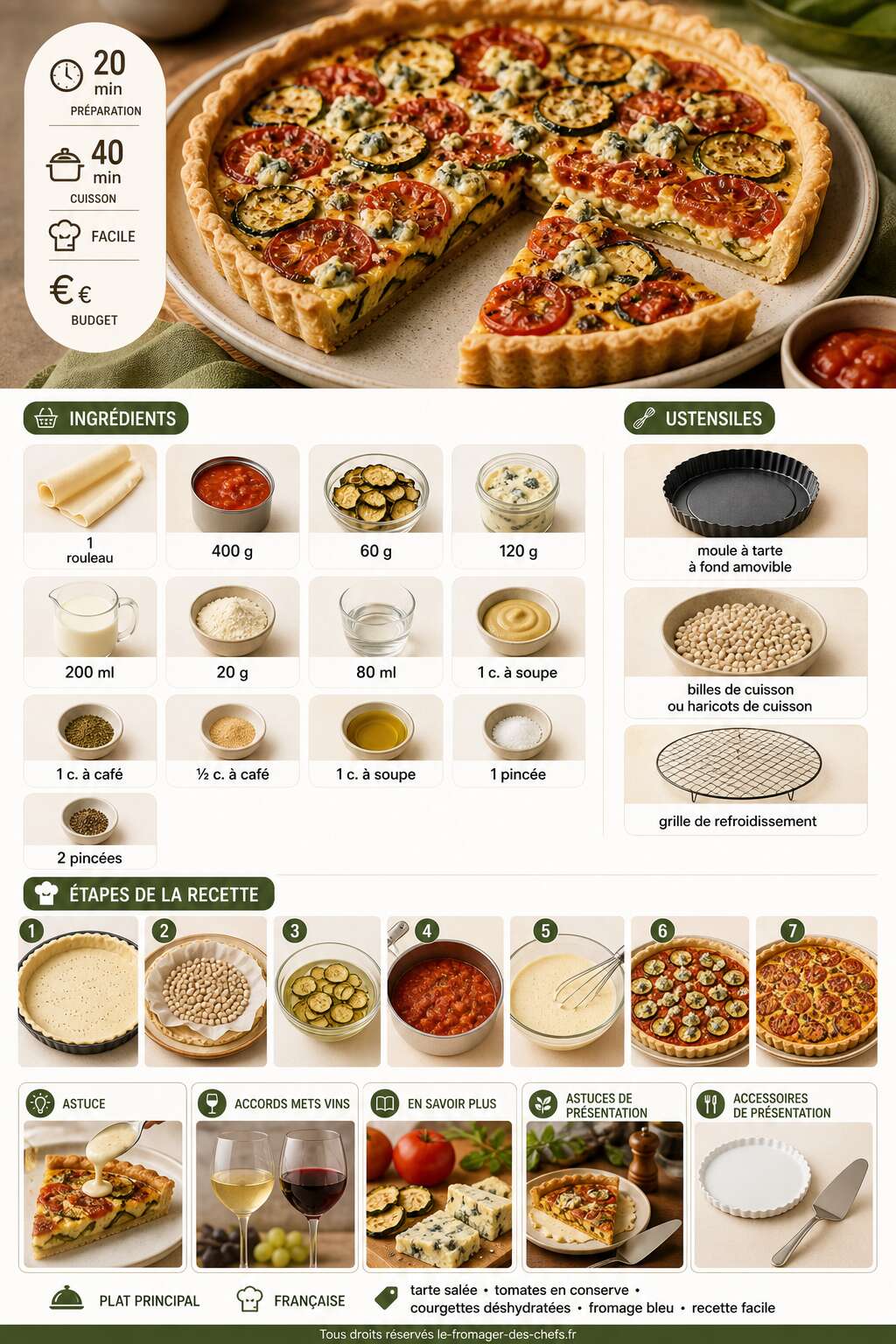 Fiche recette Recette tarte tomates, courgettes et fromage bleu