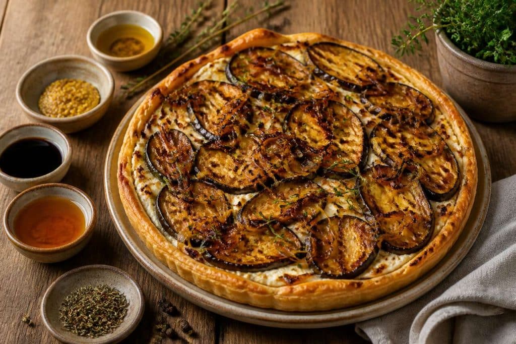 Tarte au chèvre frais, oignons caramélisés et aubergines : une recette savoureuse