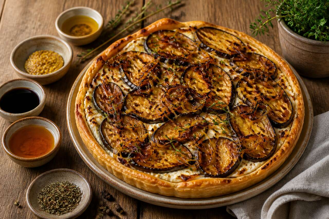Tarte au chèvre frais, oignons caramélisés et aubergines : une recette savoureuse