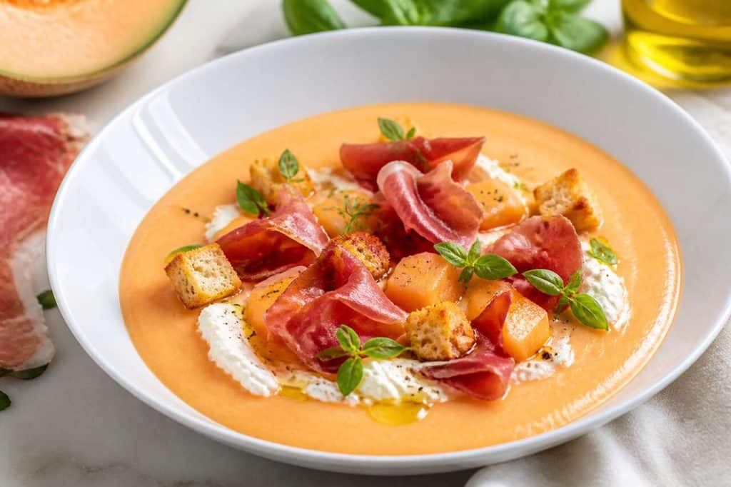 Gaspacho de melon, fromage frais et jambon de Parme croustillant