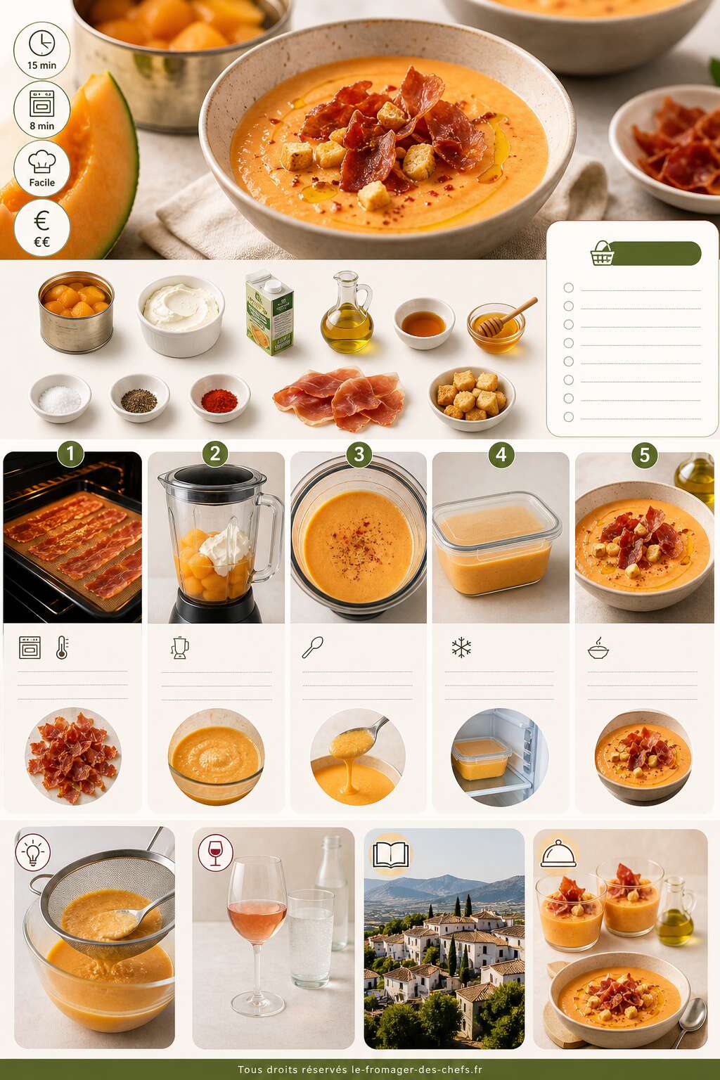 Fiche recette Gaspacho de melon, fromage frais et jambon de Parme croustillant Fiche recette Gaspacho de melon, fromage frais et jambon de Parme croustillant