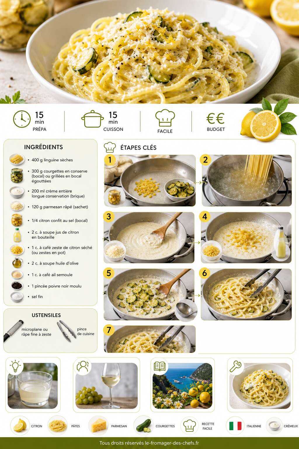 Fiche recette Linguine aux citrons, courgettes et cr&egrave;me de parmesan : recette savoureuse
