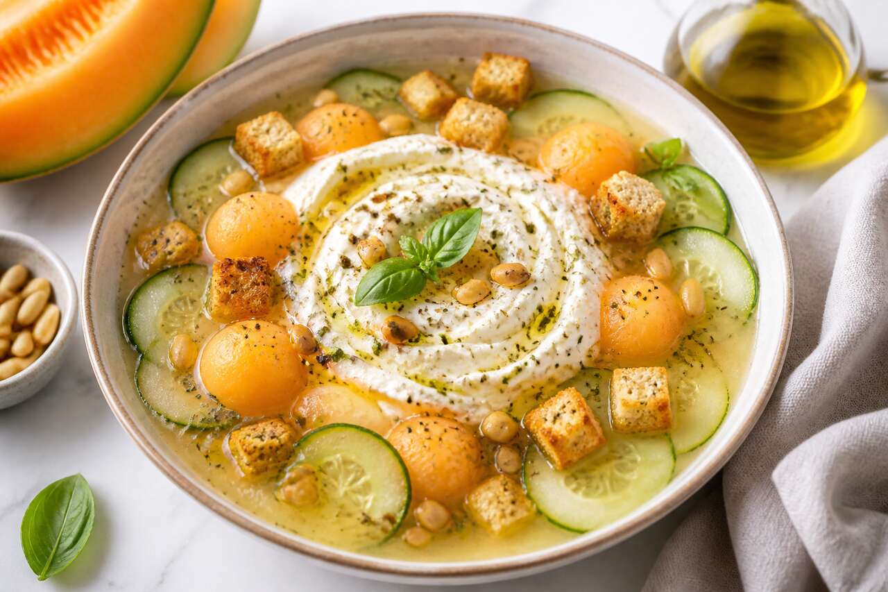 Gaspacho de melon et concombre : délice avec fromage aux saveurs italiennes
