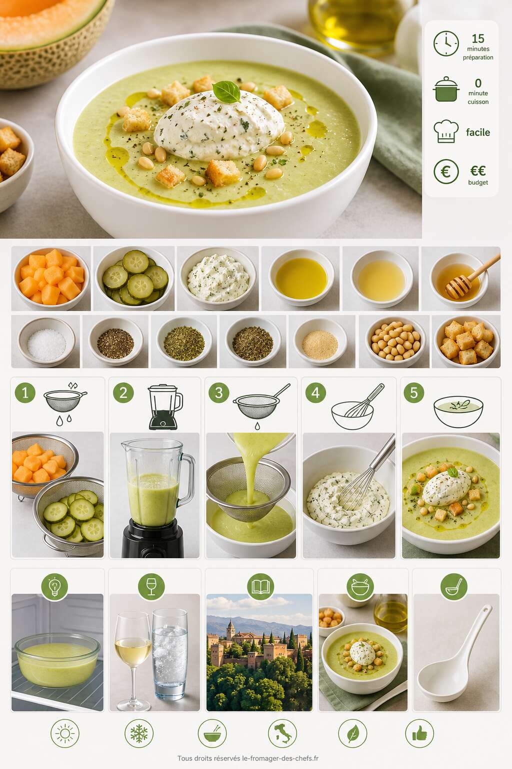 Fiche recette Gaspacho de melon et concombre : d&eacute;lice avec fromage aux saveurs italiennes