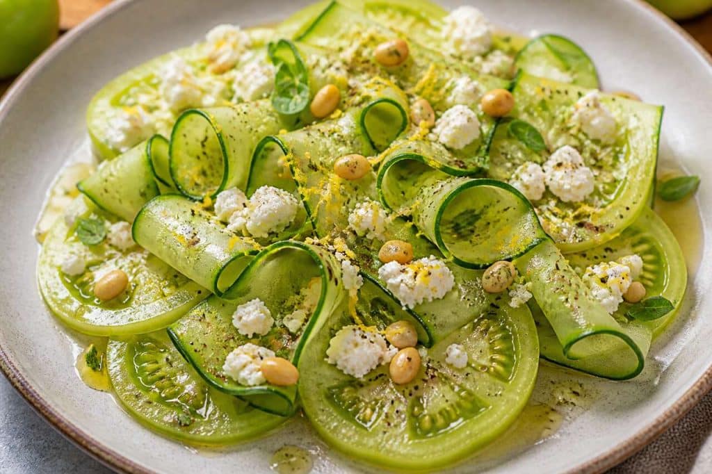 Recette : carpaccio de tomate verte, concombre et fromage