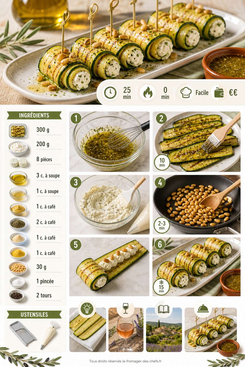 Fiche recette Roul&eacute;s de courgettes marin&eacute;es aux petits fromages saveurs proven&ccedil;ales : recette facile et gourmande