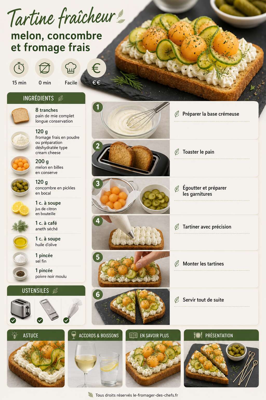 Fiche recette Tartine fra&icirc;cheur : melon, concombre et fromage frais